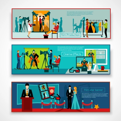 Cinema people horizontal banner set with film production elements isolated vector illustration