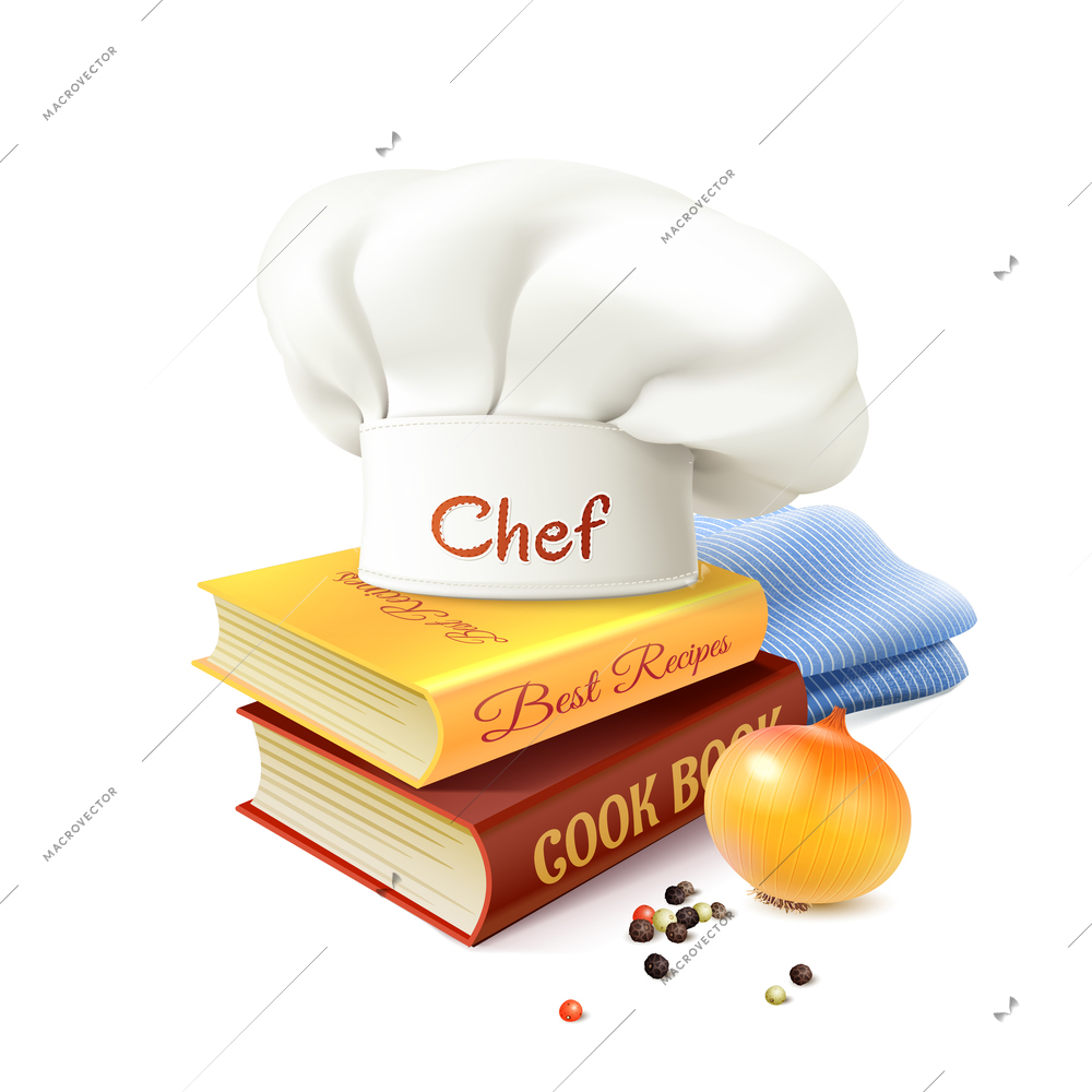 Chef and cooking realistic concept with cook books hat and onion vector illustration