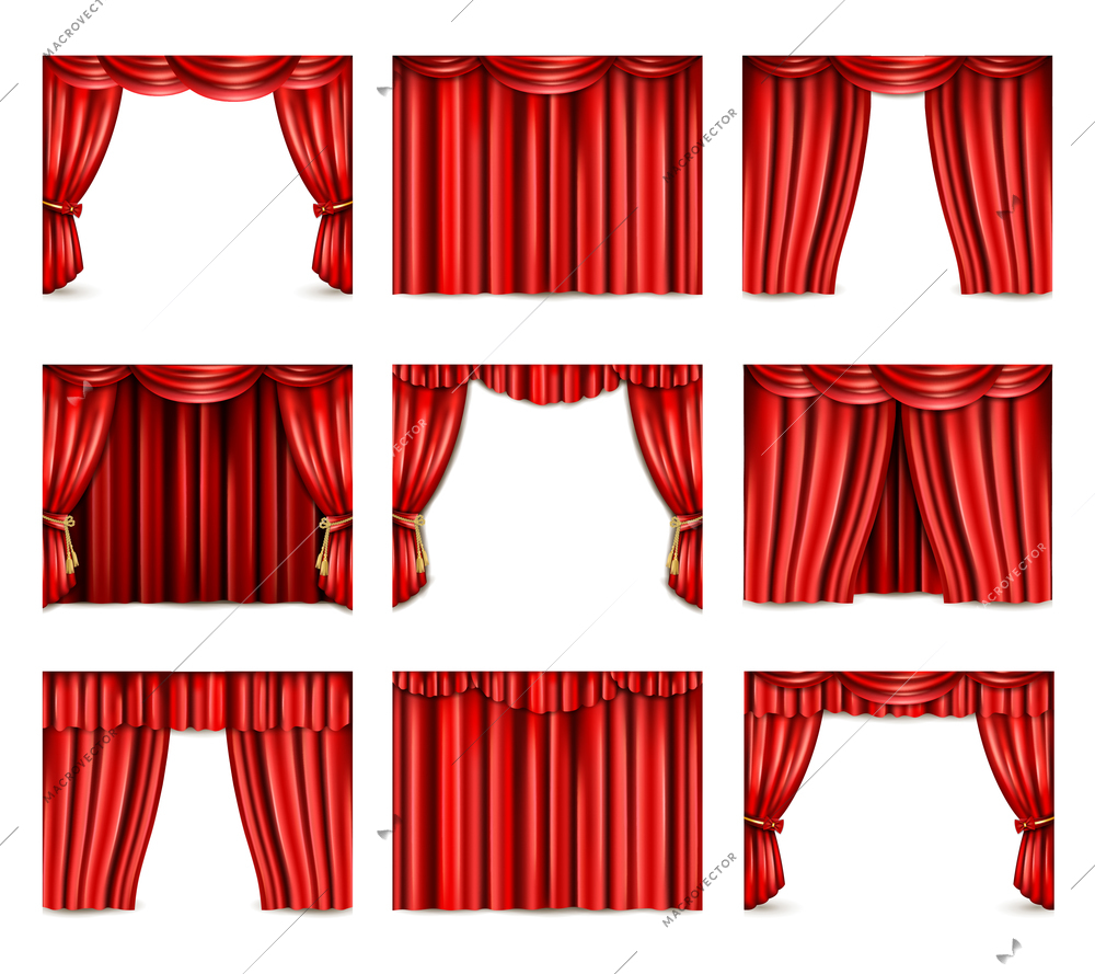 Different models of red theatre curtain icons set realistic isolated vector illustration