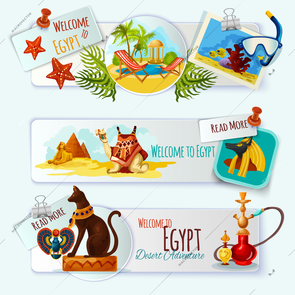 Egypt touristic banner horizontal set with cartoon landmarks isolated vector illustration