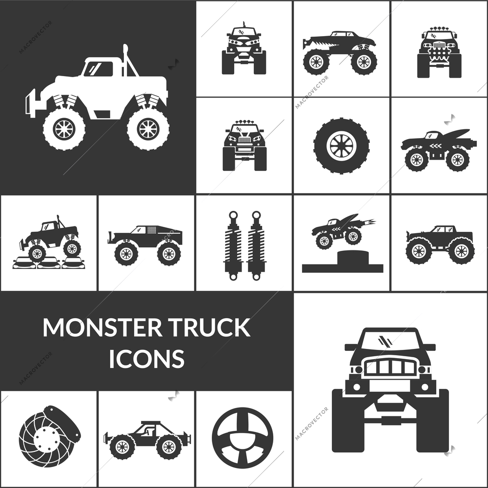 Monster truck and huge auto black icons set isolated vector illustration