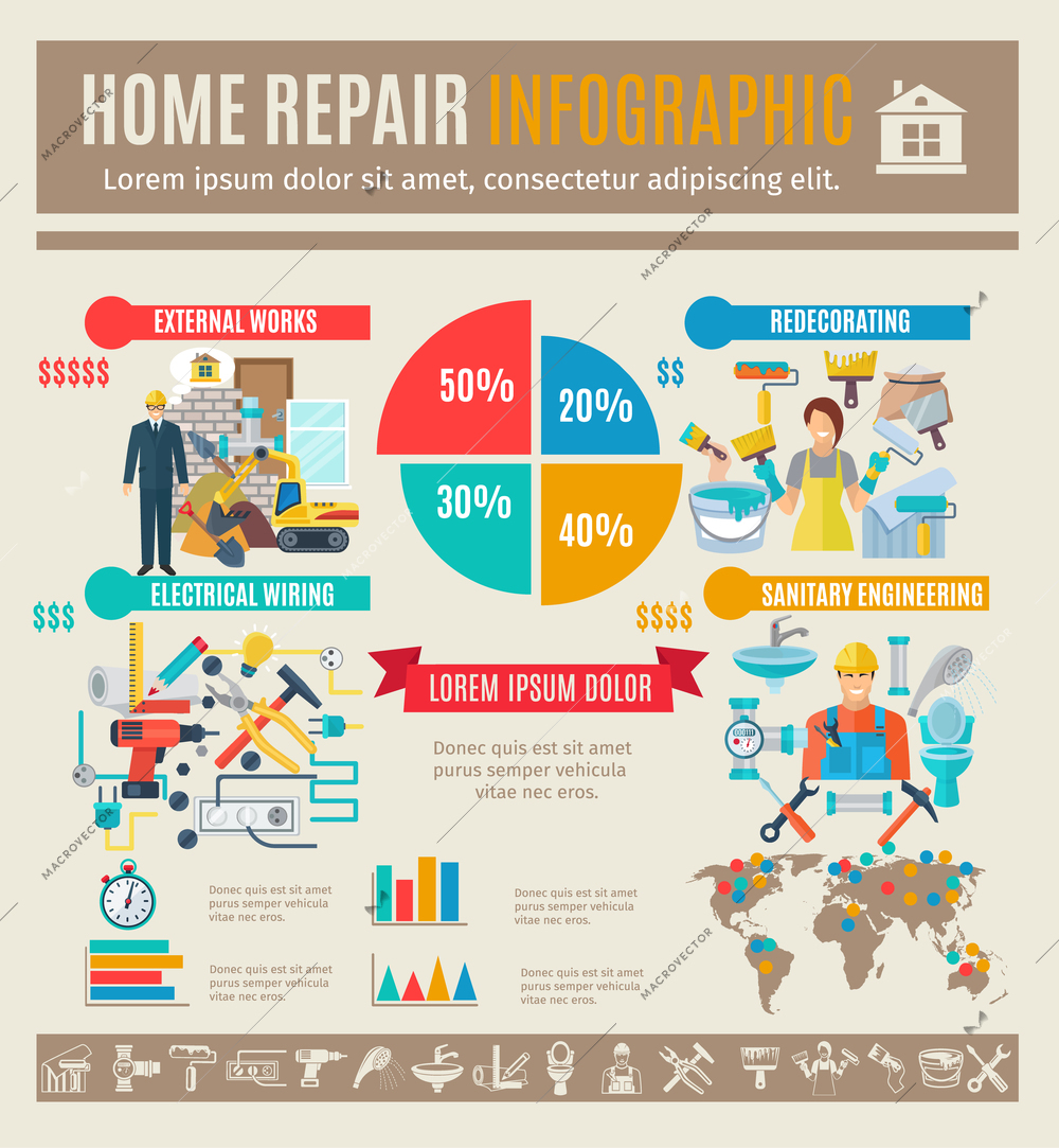 Home repair infographics set with house renovation symbols and charts vector illustration