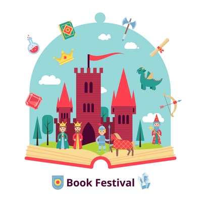 Fairytale concept with open book and medieval castle and characters vector illustration