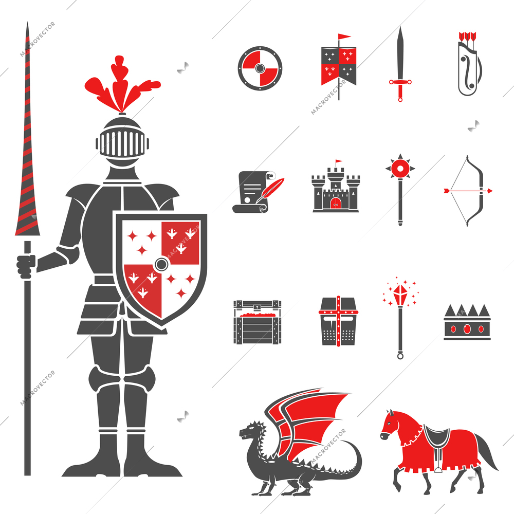 Medieval castle knight with lance and shield icons set and dragon red black abstract isolated vector illustration