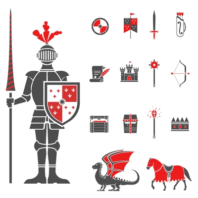 Medieval castle knight with lance and shield icons set and dragon red black abstract isolated vector illustration