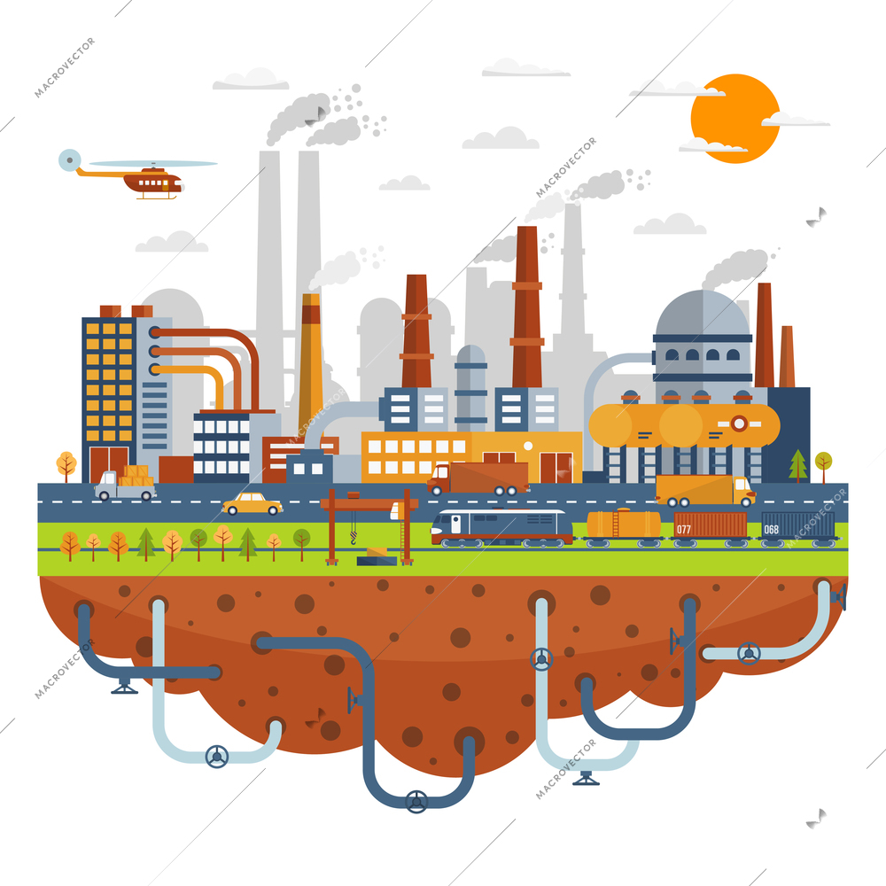 Industrial city concept with chemical plants buildings with tubes vector illustration  vector illustration.