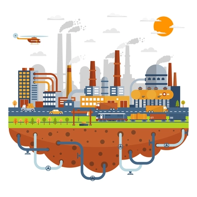 Industrial city concept with chemical plants buildings with tubes vector illustration  vector illustration.