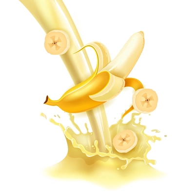 Banana sweet yellow milk with banana and splashes realistic vector illustration