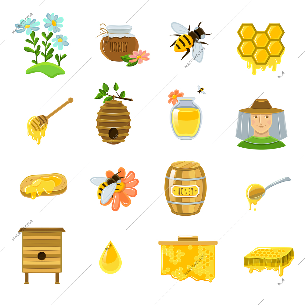 Honey icons set with bees flowers and ready product flat isolated vector illustration