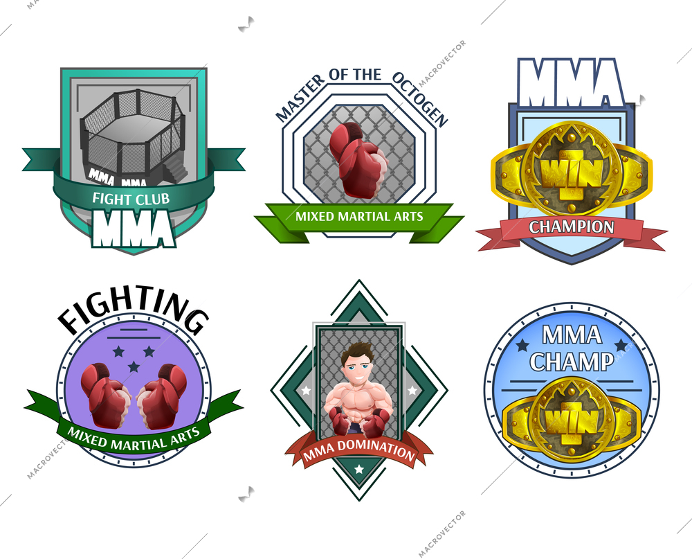 Martial fighting art mma champions league clubs emblems labels icons collection abstract isolated vector illustration