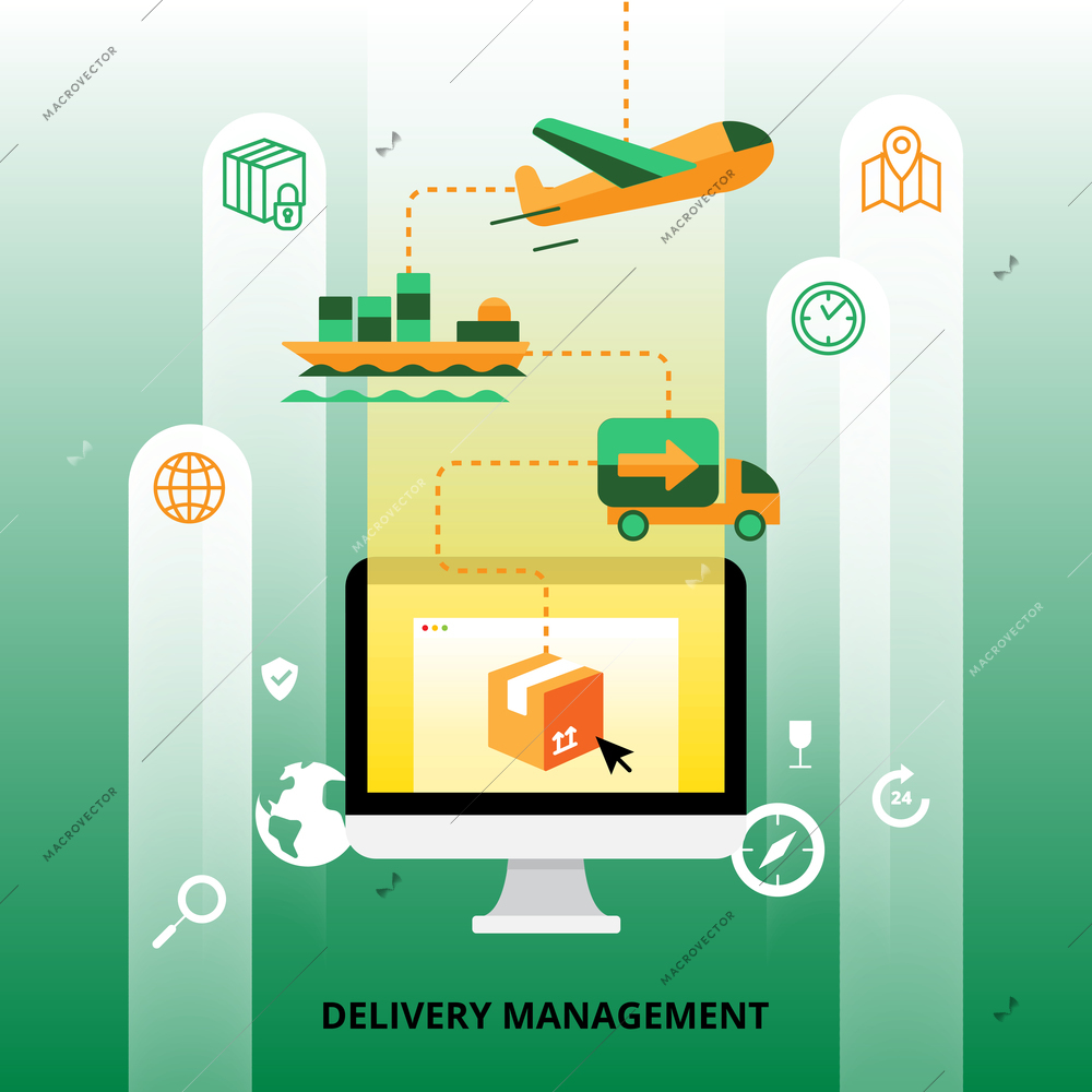 Delivery management with plane cargo ship and truck transportation flat vector illustration