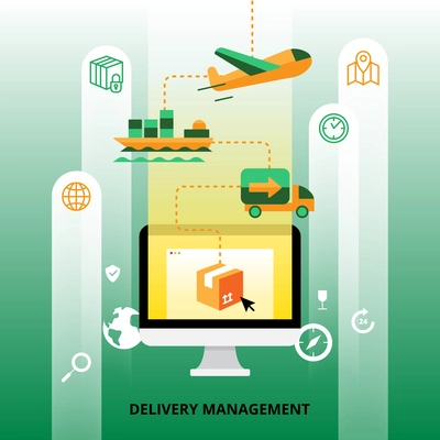 Delivery management with plane cargo ship and truck transportation flat vector illustration