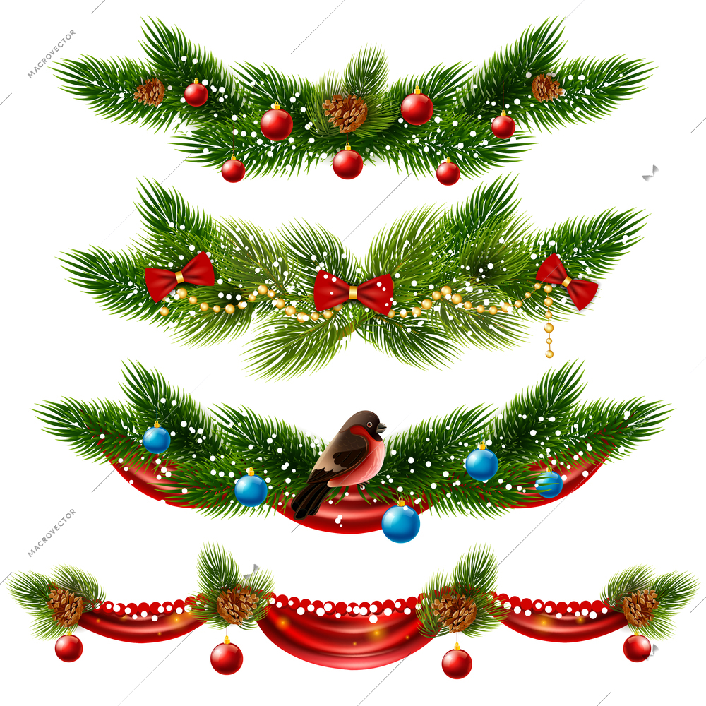 Christmas realistic borders set with pine tree and decorations isolated vector illustration