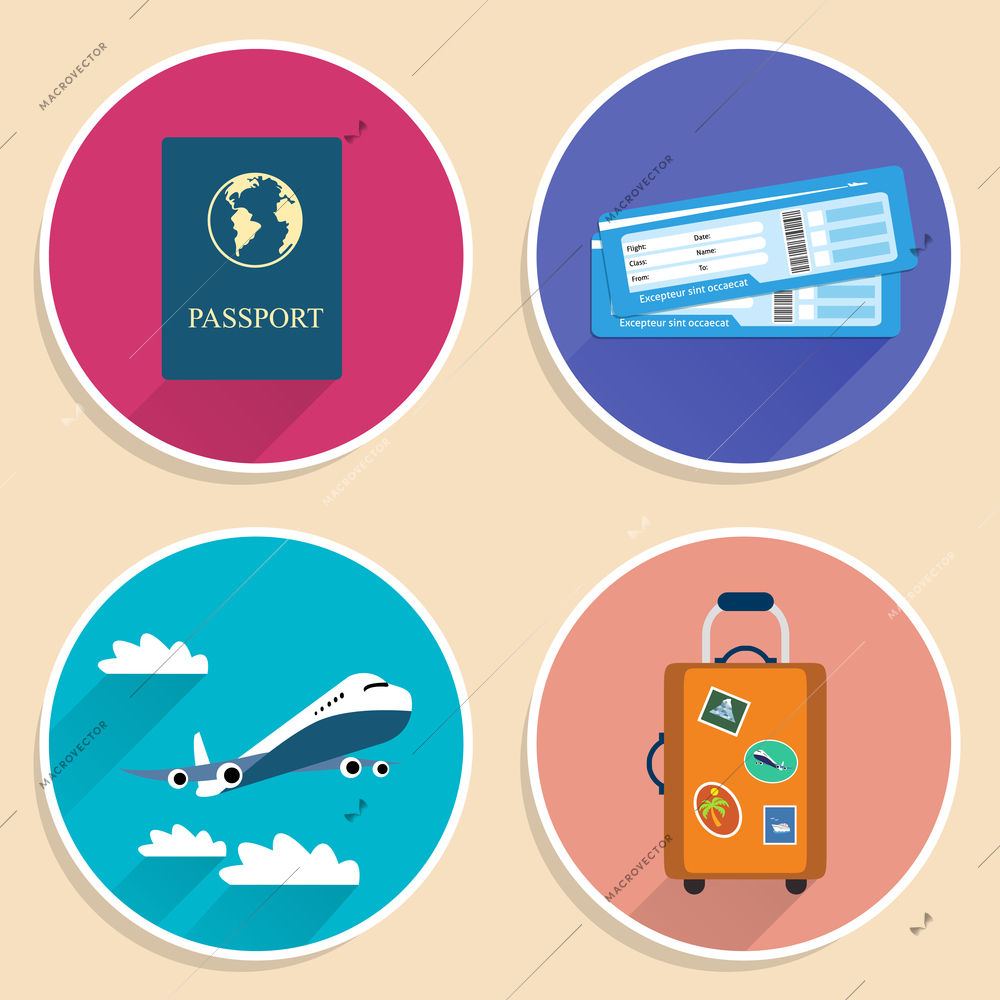 Vacation travel voyage icons set of suitcase plane tickets airplane and passport isolated vector illustration
