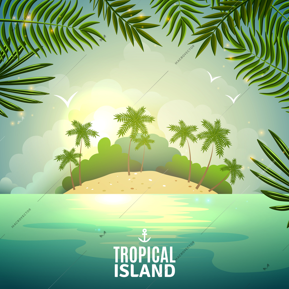 Tropical island nature with palms in the green ocean waters decorative poster flat abstract vector illustration