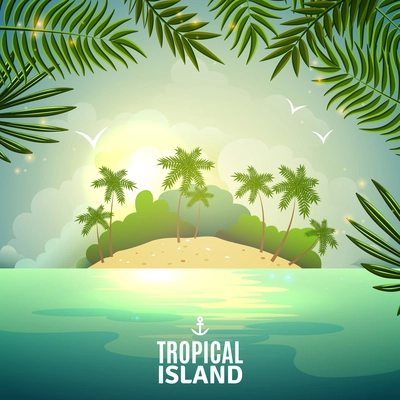 Tropical island nature with palms in the green ocean waters decorative poster flat abstract vector illustration