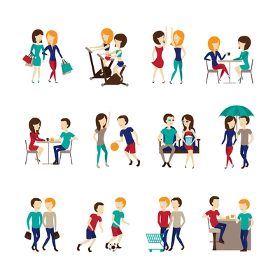 Friends icons set with sports going to a cafe and fitness together symbols  flat isolated vector illustration