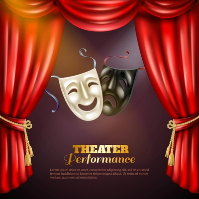 Theatre performance realistic background with comedy and tragedy masks vector illustration