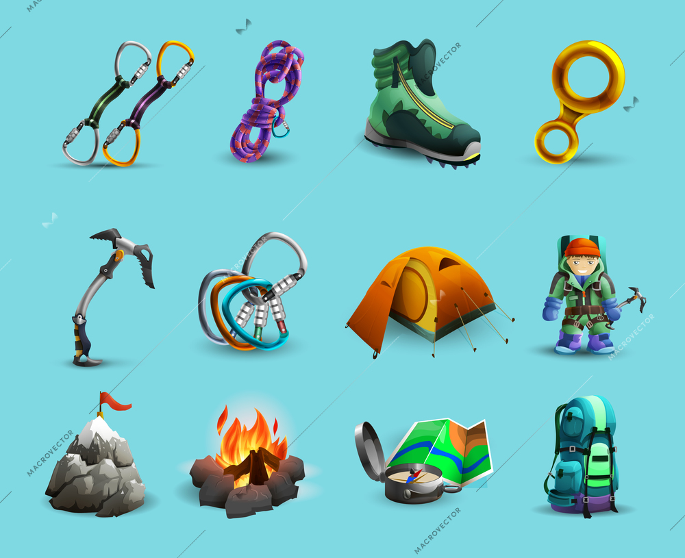 Mountain climbing equipment and tools 3d icons set with ice axe and  harness abstract isolated vector illustration