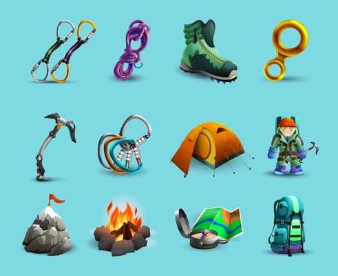 Mountain climbing equipment and tools 3d icons set with ice axe and  harness abstract isolated vector illustration