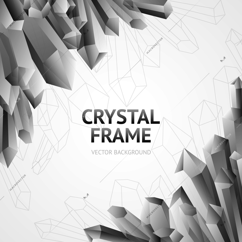 Monochrome water ice crystal polygonal shape minerals frame vector illustration