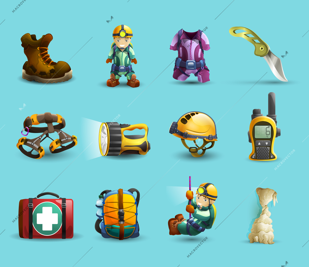 Digital cave exploration surveying with speleologist equipment and protective wear 3d icons set abstract vector isolated  illustration