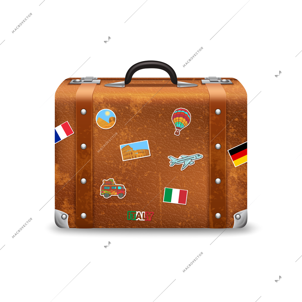 Old style voyage suitcase with travel stickers realistic vector illustration