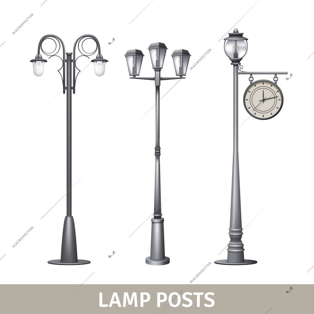 Lamp post old style electric street lights set isolated vector illustration