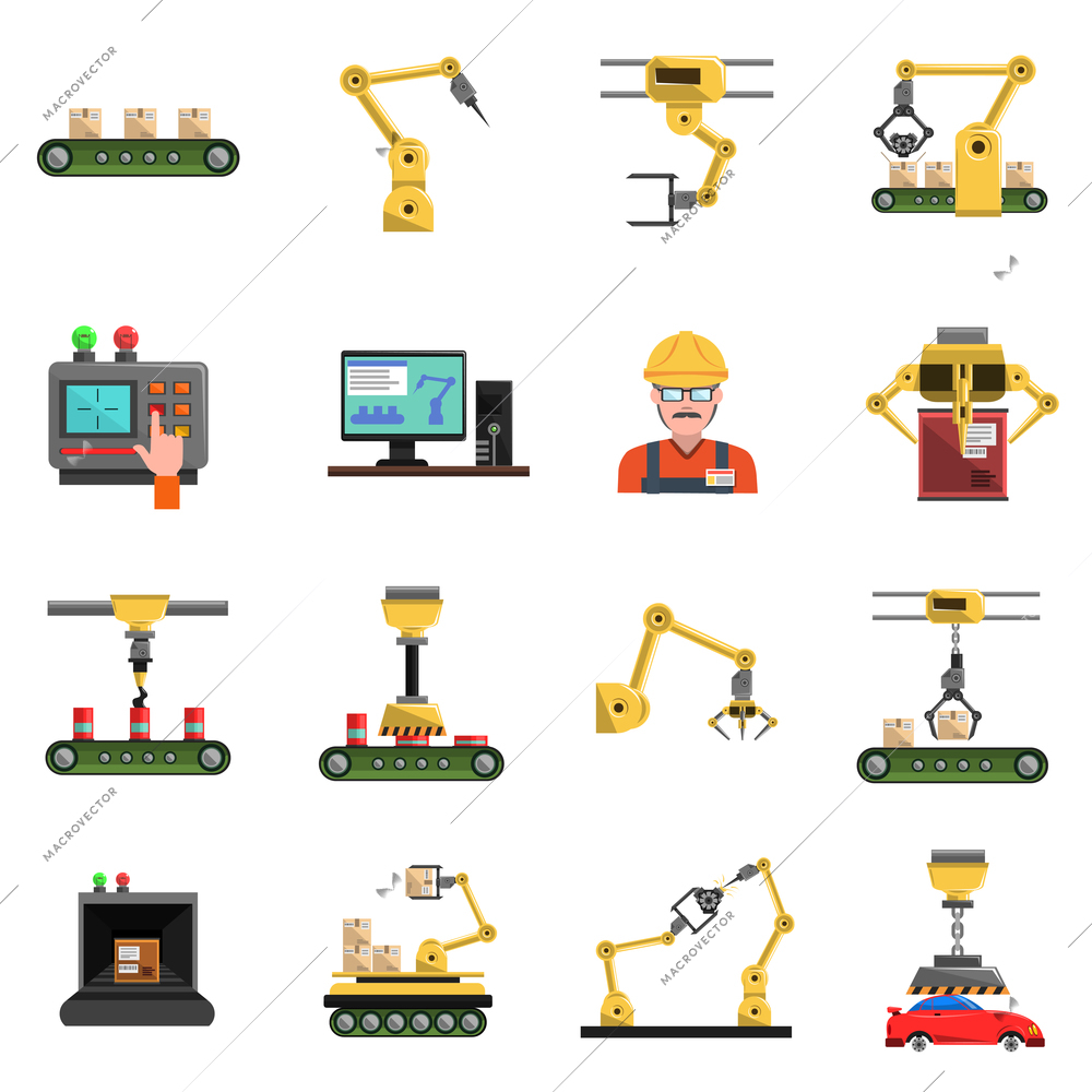 Robot icons set with conveyor mechanic and electronics symbols flat isolated vector illustration