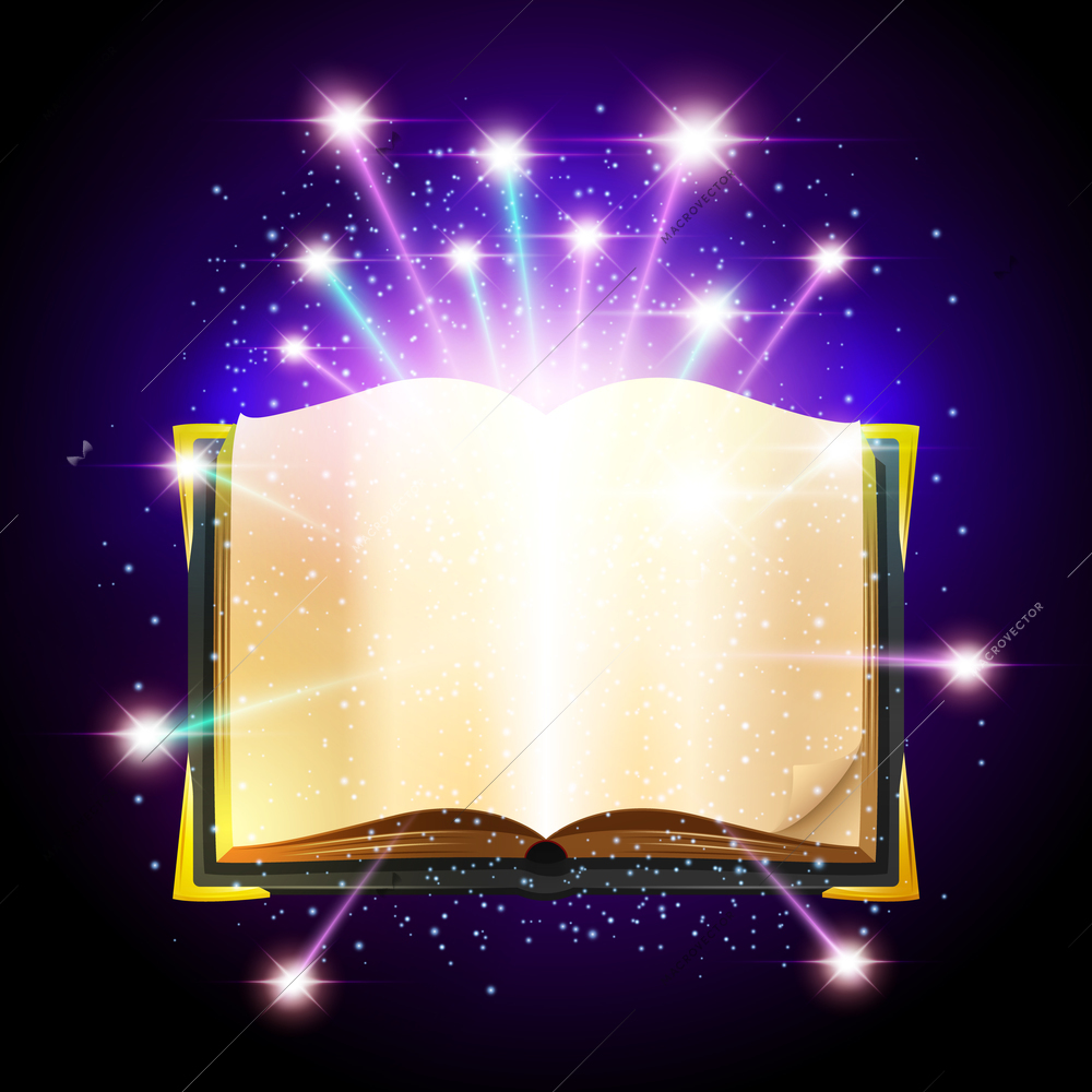 Open book with blank sheets and shining magic sparks vector illustration