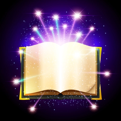 Open book with blank sheets and shining magic sparks vector illustration