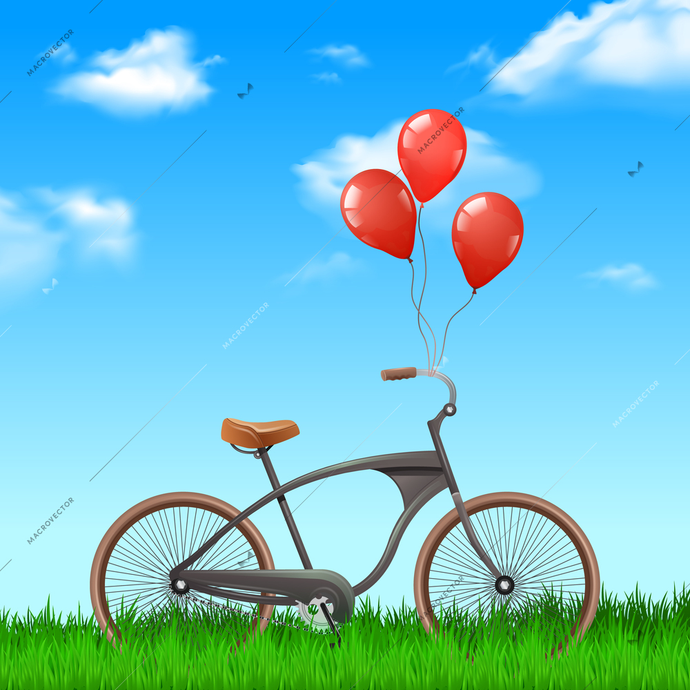 Realistic bicycle with red balloons on nature background vector illustration