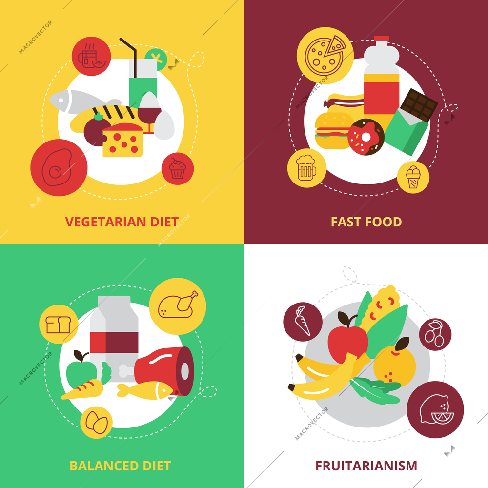 Food and drinks design concept icons set with vegetarian diet fast food balanced diet and fruitarianism flat isolated vector illustration