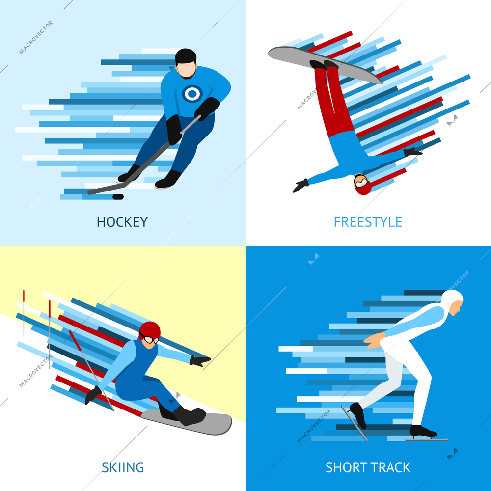 Winter sportsman design concept set with hockey freestyle short track flat icons isolated vector illustration