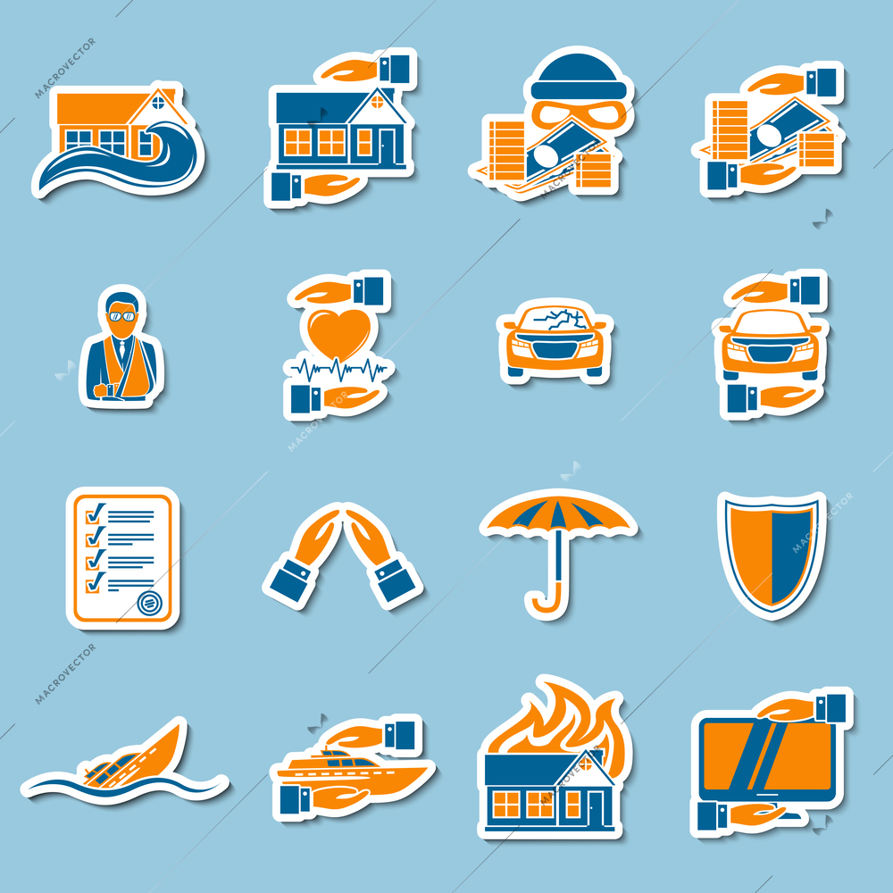 Insurance security stickers collection of medical property house protection  isolated vector illustration