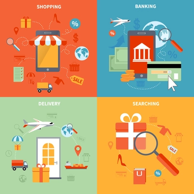 M-commerce and shopping icons set with searching banking and delivery symbols flat isolated vector illustration