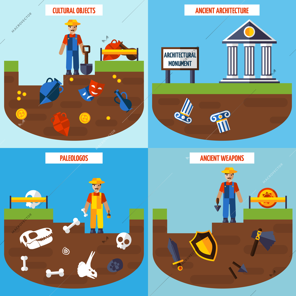 Flat color  archeology design concept set   with people archaeological finds and tools for excavations vector illustration