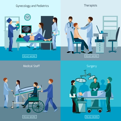 Medical professional 4 flat icons square composition with surgeon and wheel chair patient abstract isolated vector illustration