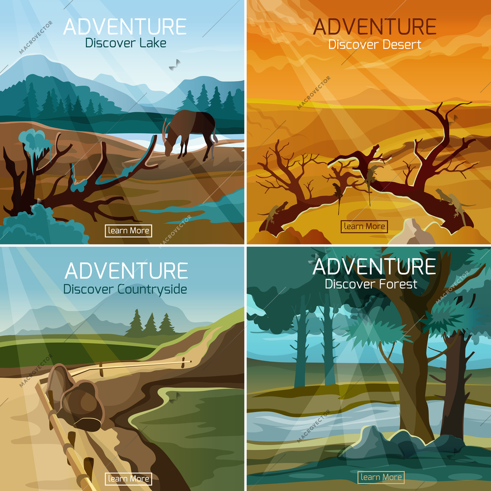 Wild nature landscapes 4 flat icons composition banner set with countryside forest lake abstract isolated vector illustration