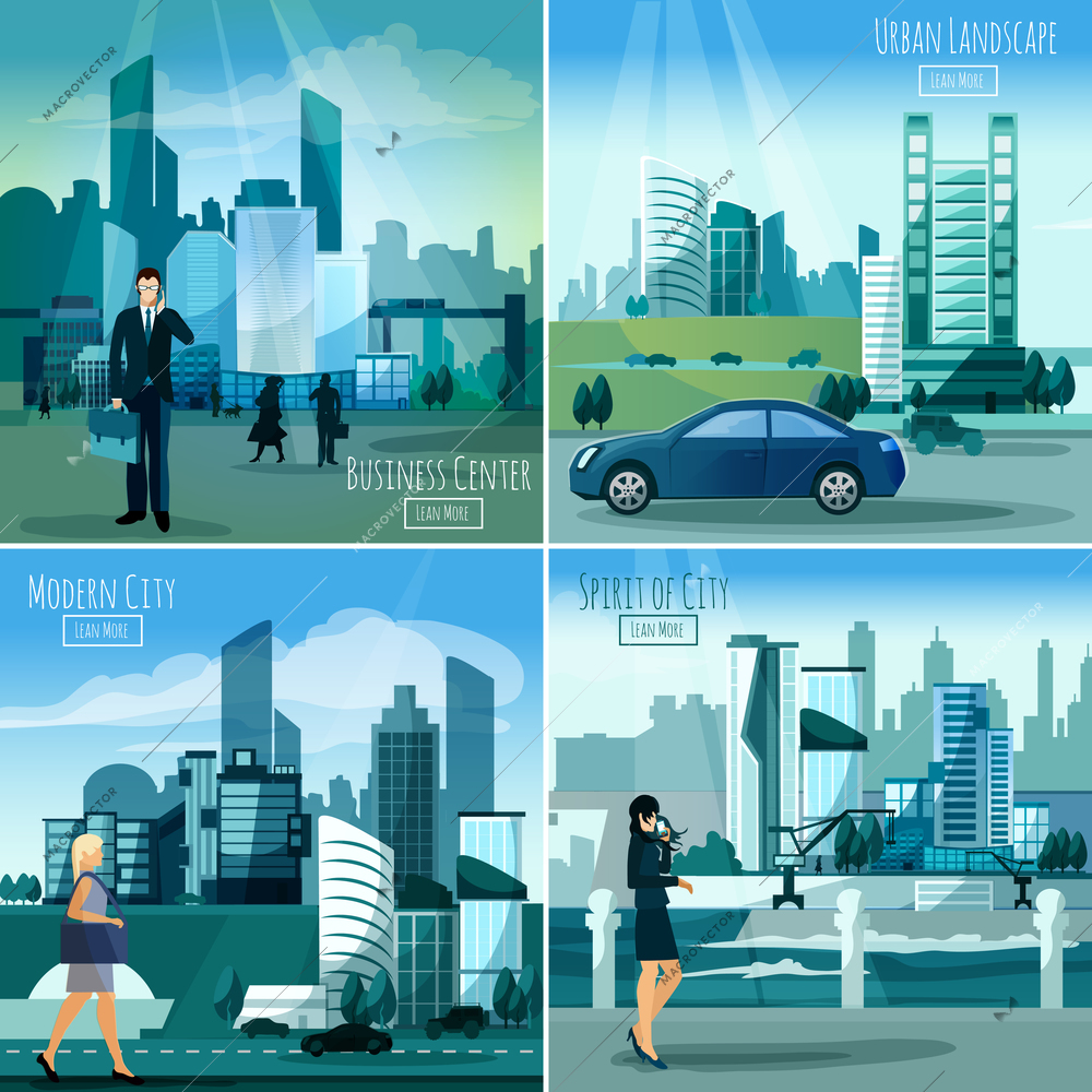 Daylight modern city business center street view 4 flat icons square composition banner abstract isolated vector illustration