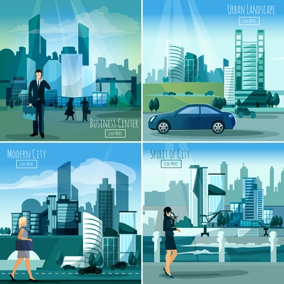 Daylight modern city business center street view 4 flat icons square composition banner abstract isolated vector illustration