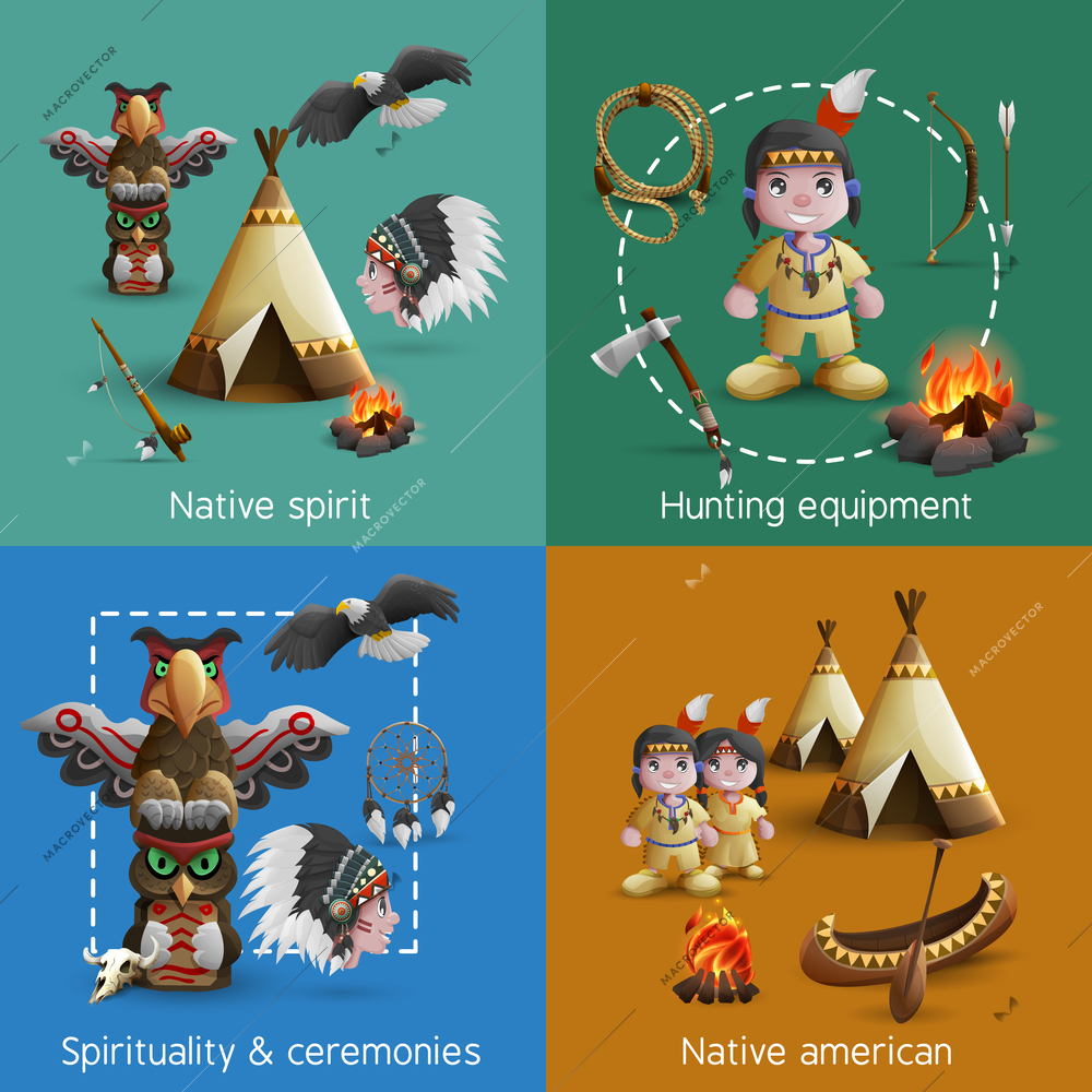 Native american design icons set with persons in national dress and lifestyle elements vector illustration