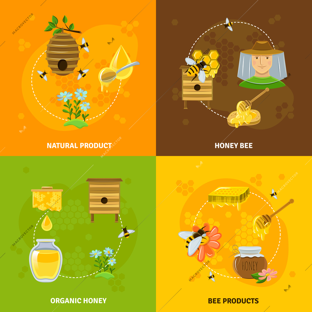 Honey and bees icons set with natural products symbols flat isolated vector illustration