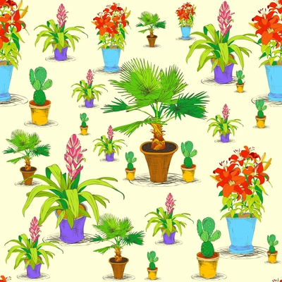 Seamless business decorative office flowers and palms pattern background sketch vector illustration