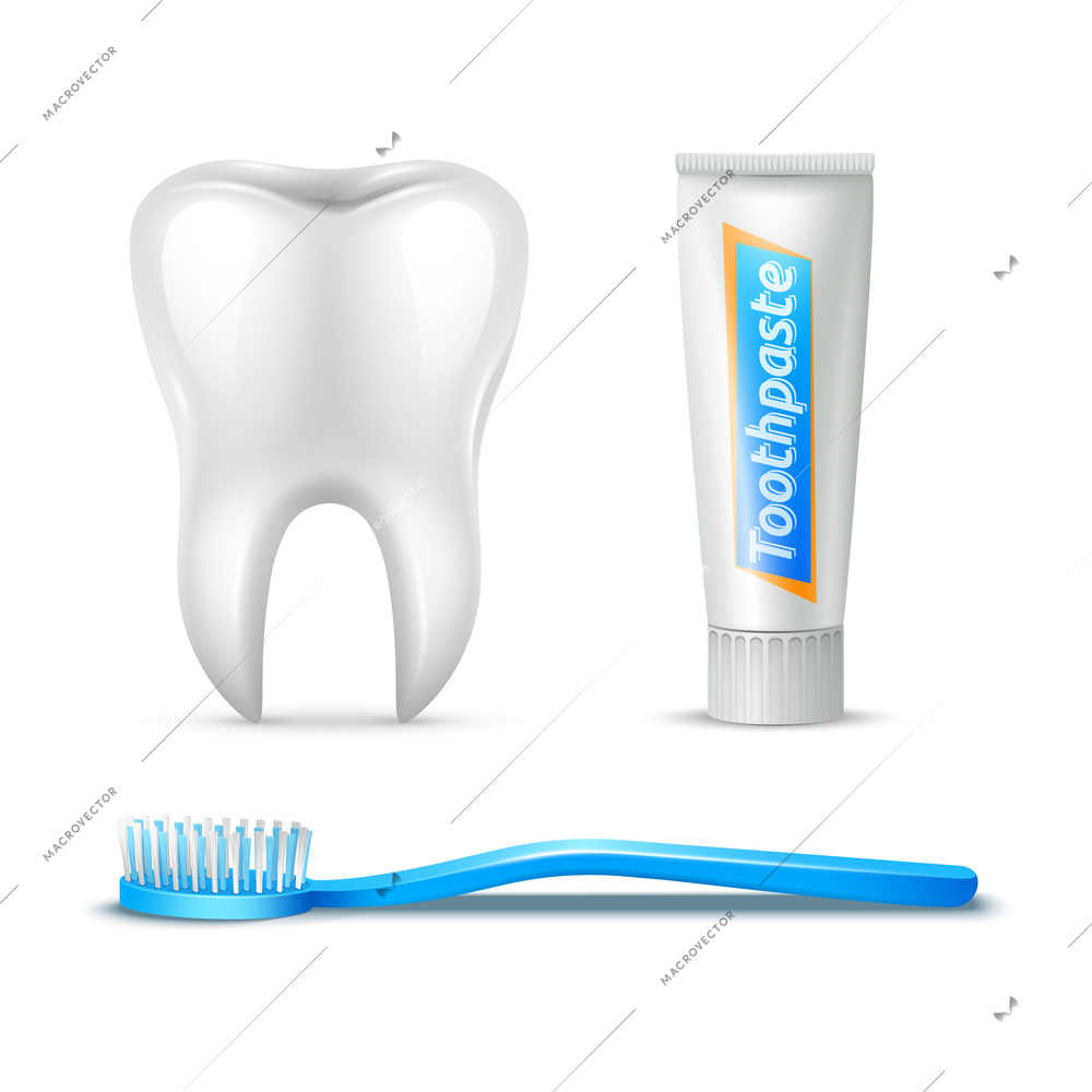 Human tooth brush and paste realistic set isolated vector illustration