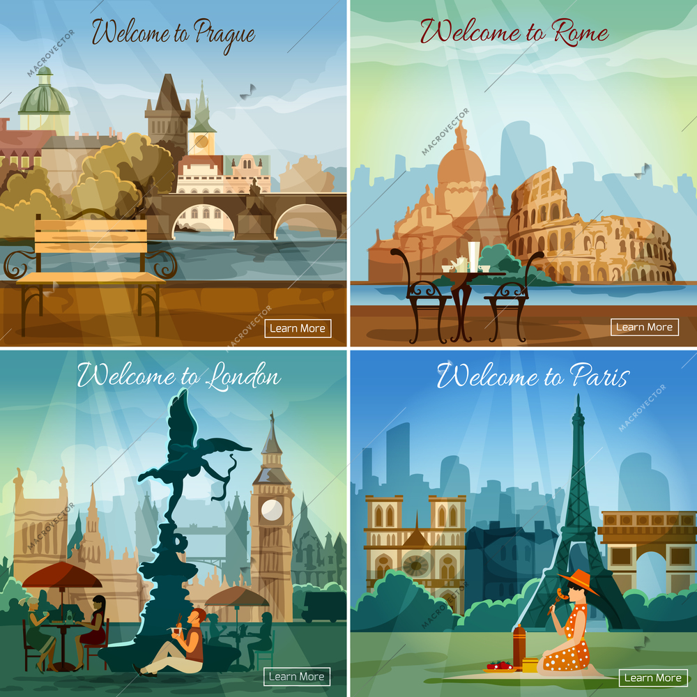 Vacation sightseeing worlds famous capitals tours travel 4 flat pictograms collection square banner abstract isolated vector illustration