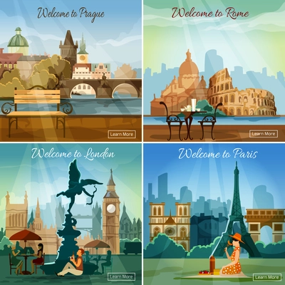 Vacation sightseeing worlds famous capitals tours travel 4 flat pictograms collection square banner abstract isolated vector illustration