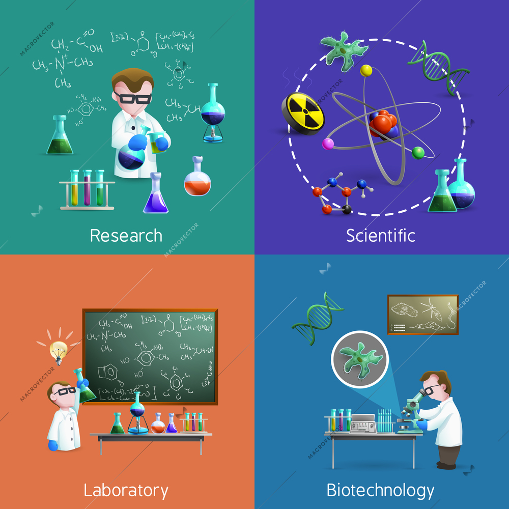 Icons set with scientists conducting experiments in lab  vector illustration