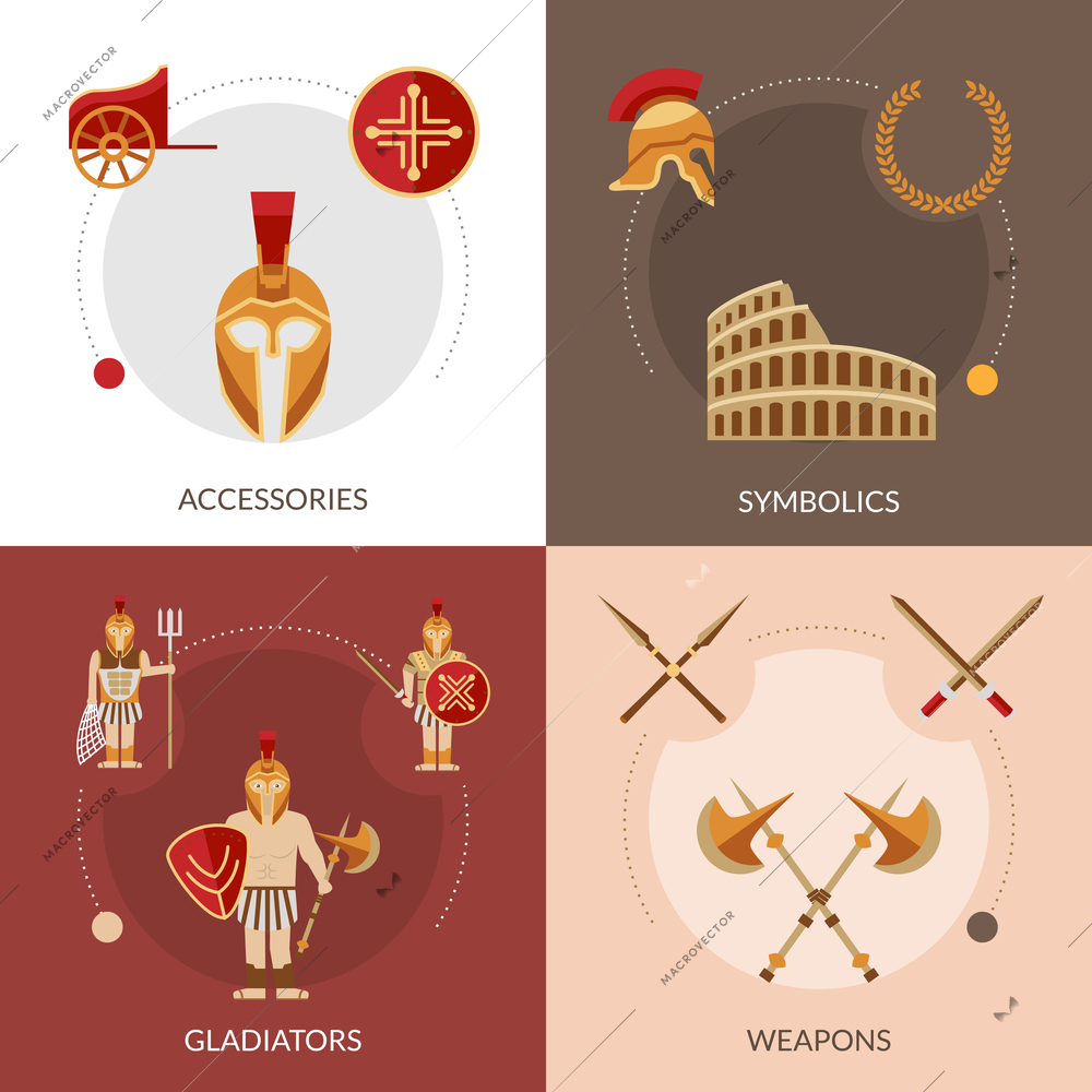 Gladiator design concept set with weapons and symbolics flat icons isolated vector illustration