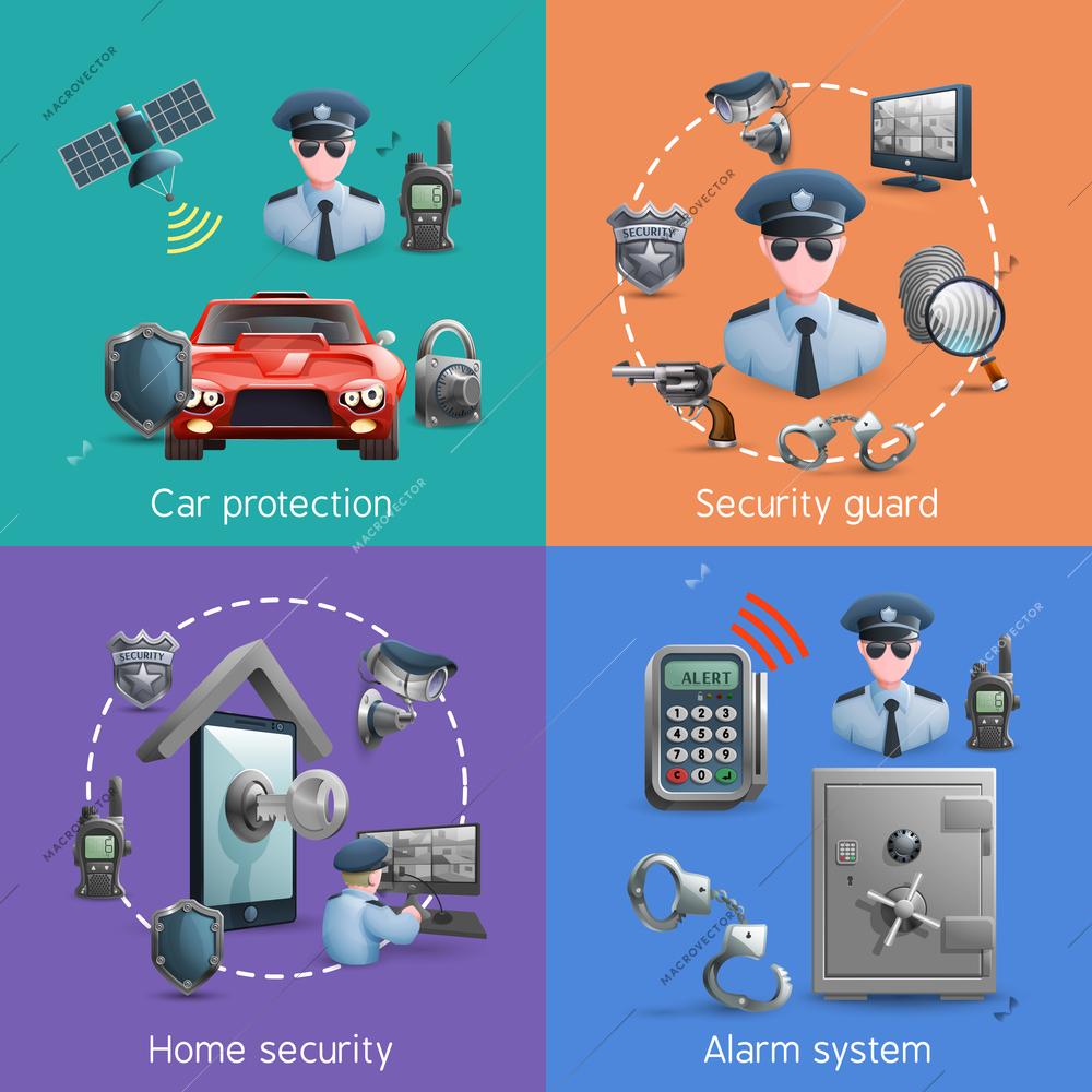 Security  design concept set with elements of  home  safety and alarm system vector illustration